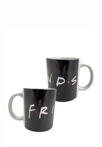 Tazza in ceramica nera con finitura lucida, caratterizzata dal testo "F.R.I.E.N.D.S" in bianco e pallini colorati, con un manico bianco.