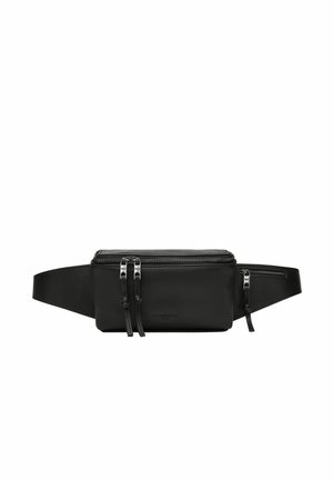Borsa in pelle nera a vita con due cerniere e superficie testurizzata. Presenta una tracolla regolabile e un design minimalista. Adatta per l'uso quotidiano.