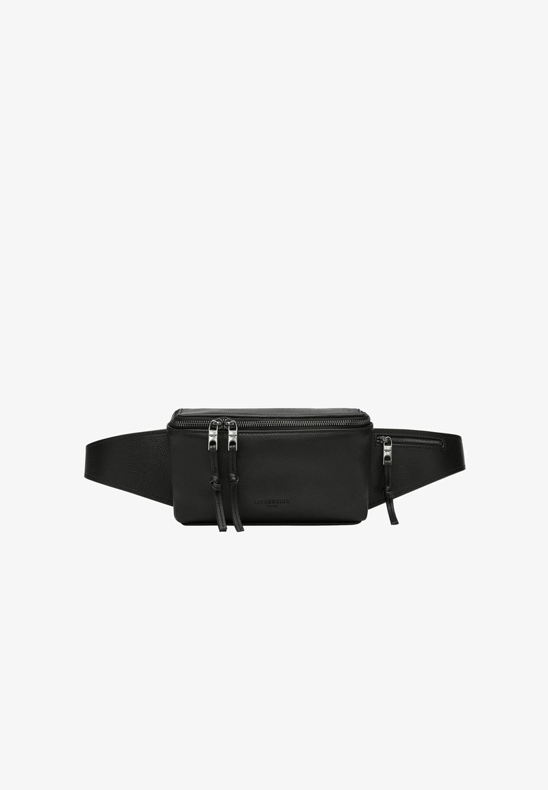 Sac à taille en cuir noir avec deux zips et surface texturée. Doté d'une bandoulière ajustable et d'un design minimaliste. Convient pour un usage décontracté.
