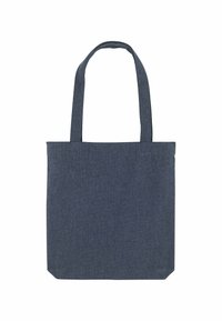 Donkerblauwe denim tote bag met twee lange handvatten, rechthoekige vorm en een platte bodem, weergegeven tegen een witte achtergrond.