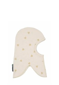 Beige bomullsbaklava för barn med små guldhjärtan, rundad topp, öppen ansiktsdesign och två sidöppningar för nacken.