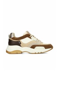 Chunky sneaker with beige, brown, and cream suede and leather panels, white thick sole, lace-up front, and pull tab on the heel.