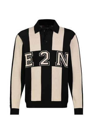 Long-sleeve black and beige striped pullover with a collar and buttons, featuring the letters E, 2, N across the chest.