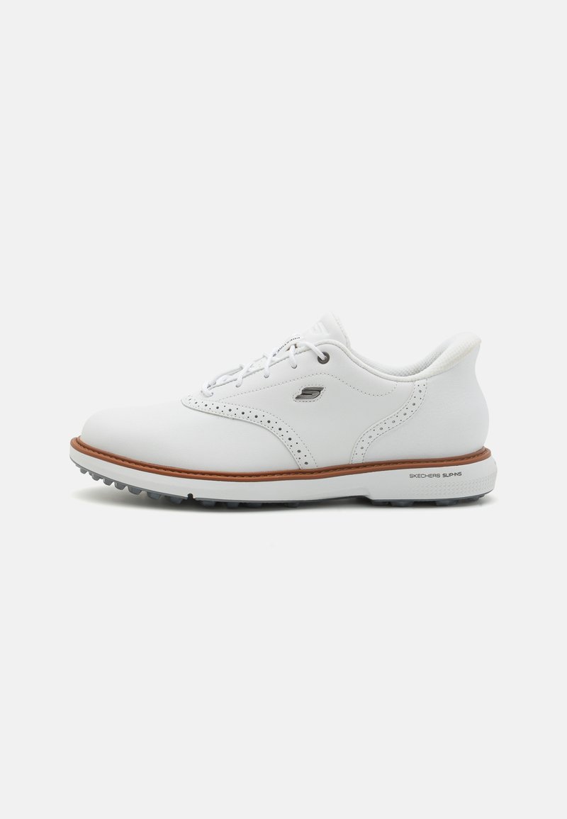 White golf shoes with a smooth leather upper, traditional lace-up design, perforated detailing, and rubber spikes on the outsole.