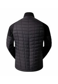 Schwarze gesteppte Jacke mit hohem Kragen, versehen mit einem strukturierten, gepolsterten Rücken und glatten Ärmeln. Leichtes, isoliertes Design.