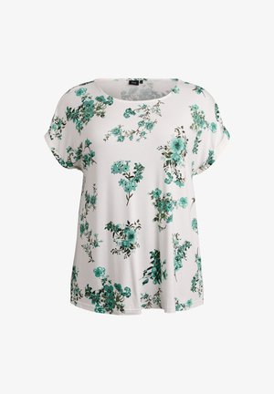 Weißes Kurzarmoberteil mit grünem Blumenmuster. Verfügt über einen runden Ausschnitt und eine lockere Passform. Hergestellt aus einem weichen, leichten Stoff.