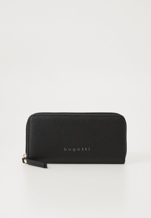 Black zip-around wallet made of textured material, featuring a subtle logo in gold lettering and a small leather tag with branding accent.