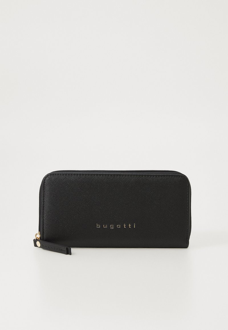 Black zip-around wallet made of textured material, featuring a subtle logo in gold lettering and a small leather tag with branding accent.