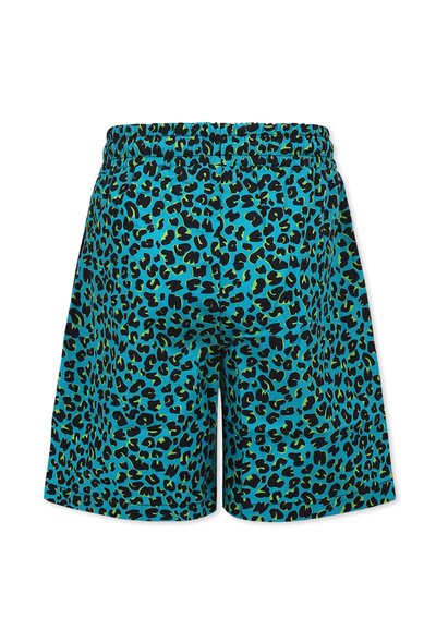 Pantaloni corti con stampa leopardata blu e vita nera. Il design presenta un motivo astratto in verde e nero su uno sfondo blu vibrante.