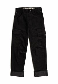 Zwarte corduroy cargobroek met twee voorzakken en twee zijzakken. Textuur met zichtbare ribbels en omgeslagen broekspijpen.