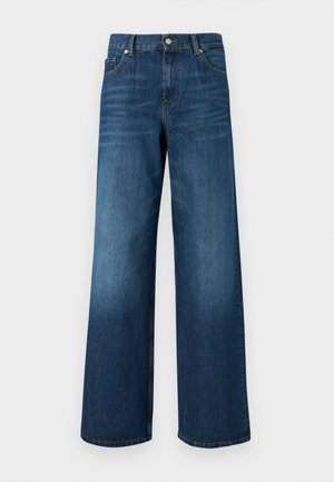 Wijde blauwe spijkerbroek met hoge taille, klassiek ontwerp met vijf zakken en subtiele vervaging voor een vintage uitstraling.