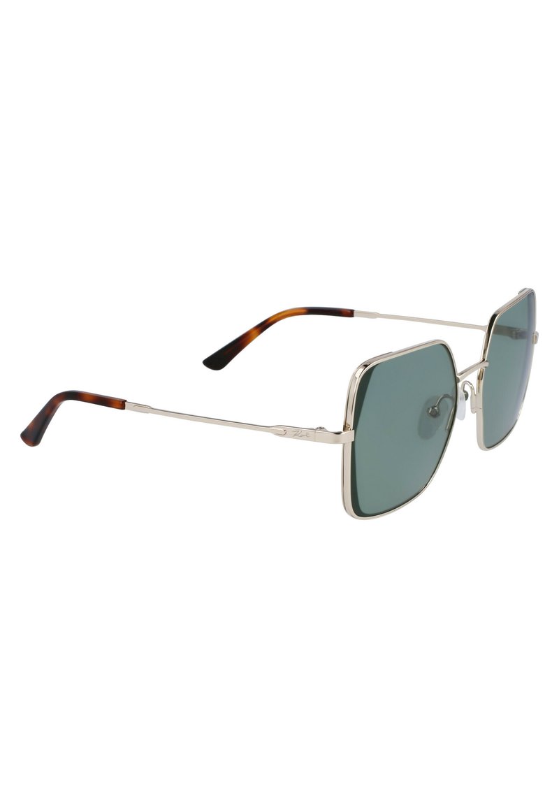 Occhiali da sole quadrati con lenti grigie, montatura in metallo argento e astine con accenti tartarugati. Design semplice e leggero.