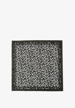 Black floral patterned square scarf with a solid black border. Made of soft fabric with detailed leaf designs throughout.