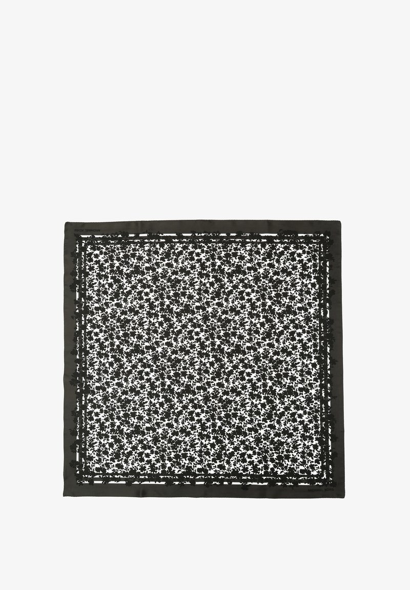 Black floral patterned square scarf with a solid black border. Made of soft fabric with detailed leaf designs throughout.
