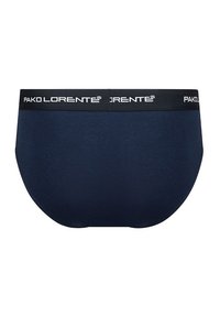 Granatowe slipy z gładkiego materiału. Posiadają czarną gumkę w pasie z białym napisem "PAKO LORENTE" z przodu.