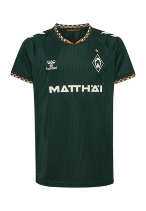 Dunkelgrünes Fußballtrikot mit kurzen Ärmeln, weißen Logos, dreieckigem orangeweißem Besatz am Kragen und an den Ärmeln, Werder Bremen Wappen auf der Brust.
