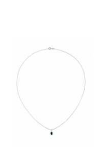 Silberne Kettenhalskette mit einem runden blauen Anhänger, glatter Textur und Schnappverschluss. Minimalistisches Design mit polierter Oberfläche.