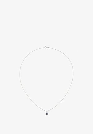 Silver chain necklace featuring a round blue pendant, smooth texture, and a lobster clasp closure. Minimalist design with a polished finish.