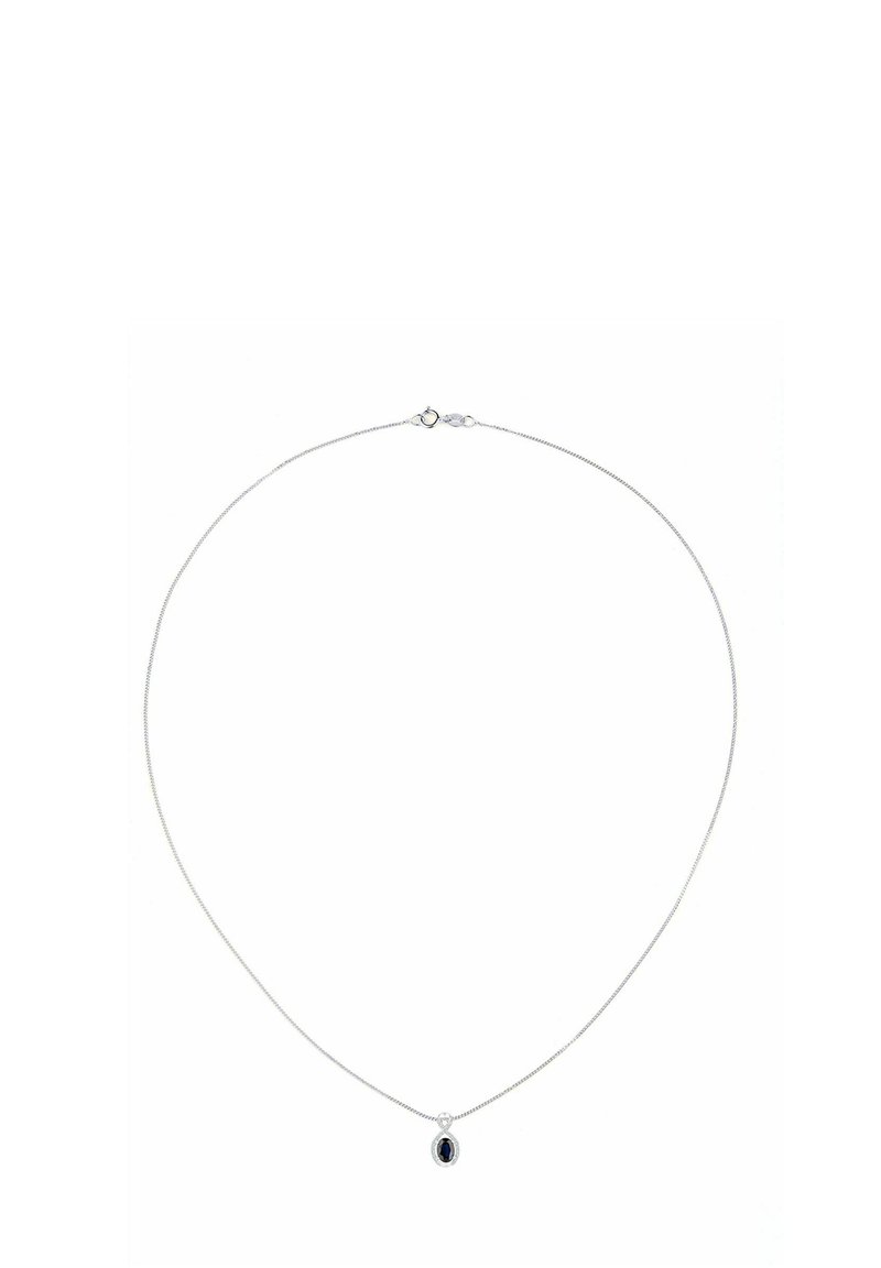 Silberne Kettenhalskette mit einem runden blauen Anhänger, glatter Textur und Schnappverschluss. Minimalistisches Design mit polierter Oberfläche.