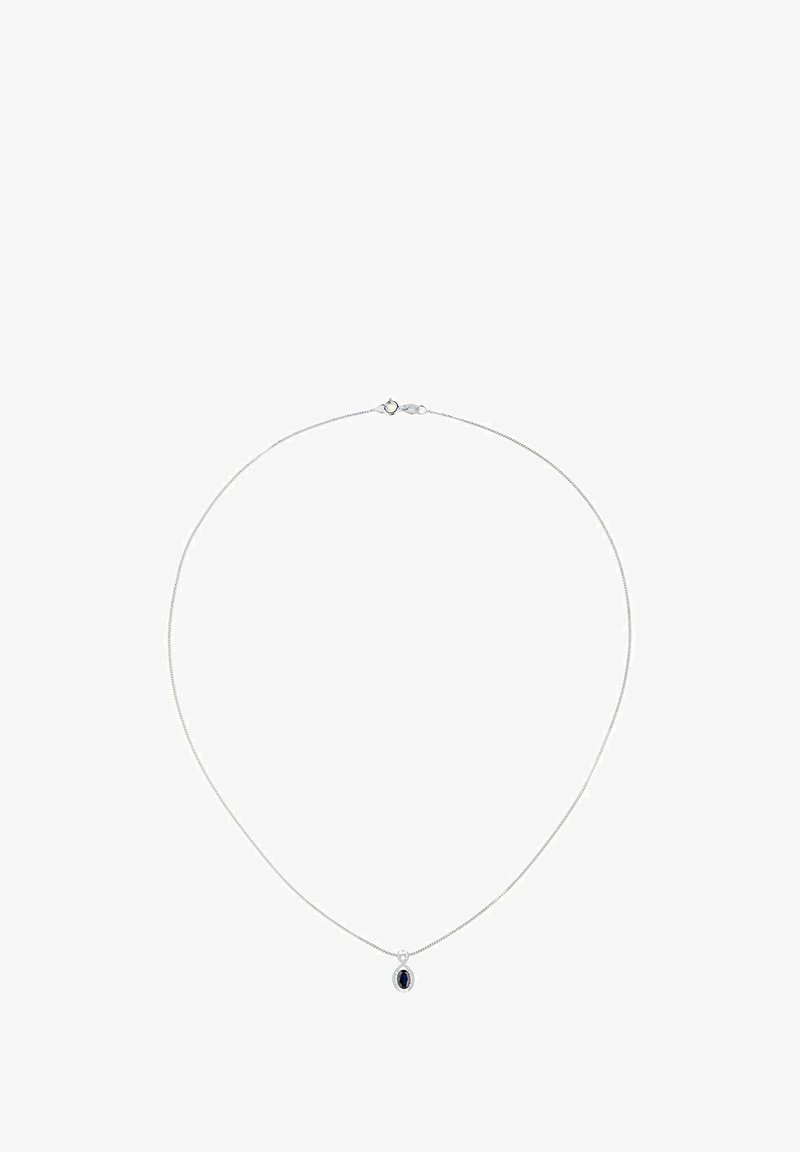 Silberne Kettenhalskette mit einem runden blauen Anhänger, glatter Textur und Schnappverschluss. Minimalistisches Design mit polierter Oberfläche.