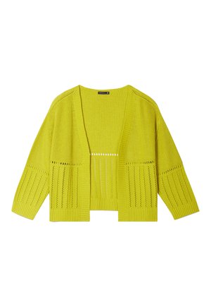 Yellow knit cardigan with open front, wide sleeves, and horizontal and vertical cut-out patterns. Lightweight material, ribbed texture at hem.