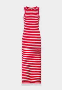 Robe maxi sans manches rayée rouge et blanche avec une texture côtelée, un col rond et une silhouette ajustée, s'étendant jusqu'aux chevilles.