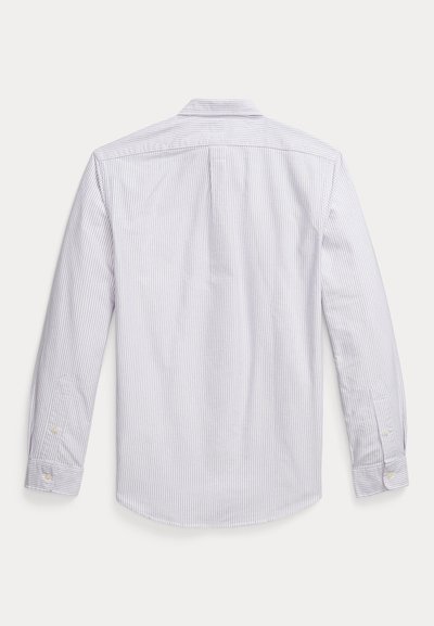 Gaiši zils un balts svītrots krekliņš ar garām piedurknēm, klasisku apkakli, pogu aprocēm un aizmugurējo šuvju detaļu. Mīksta tekstūra.