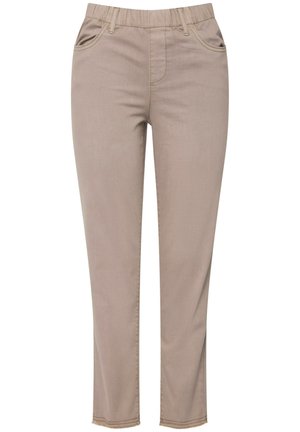 Pantalons en tissu beige avec une taille élastique, deux poches avant et une coupe droite. Présente des coutures visibles et une texture lisse.