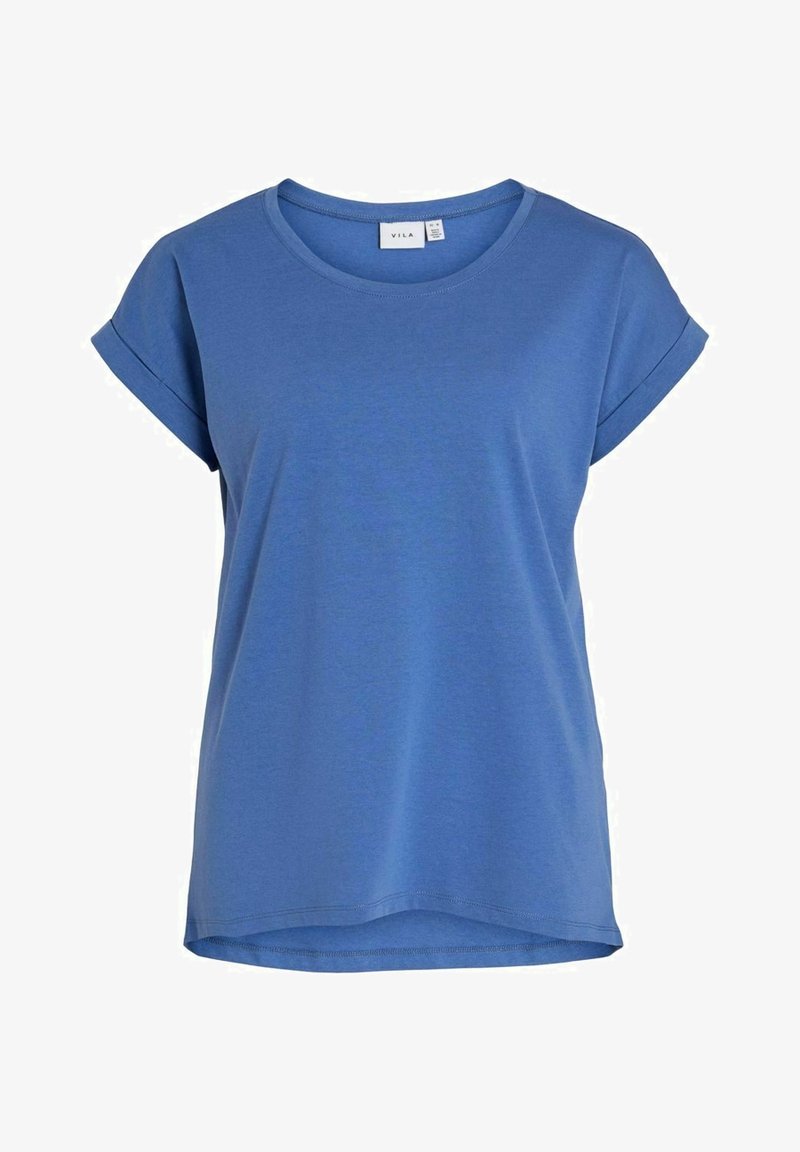 T-shirt bleu à manches courtes ample, avec manches retroussées et col rond, étiqueté "VILA" à l’intérieur du col.
