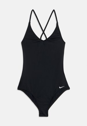 Costum de baie negru, dintr-o singură piesă, cu textură ribbed, decolteu în V și bretele în formă de X. include un mic logo alb în colțul din stânga jos.