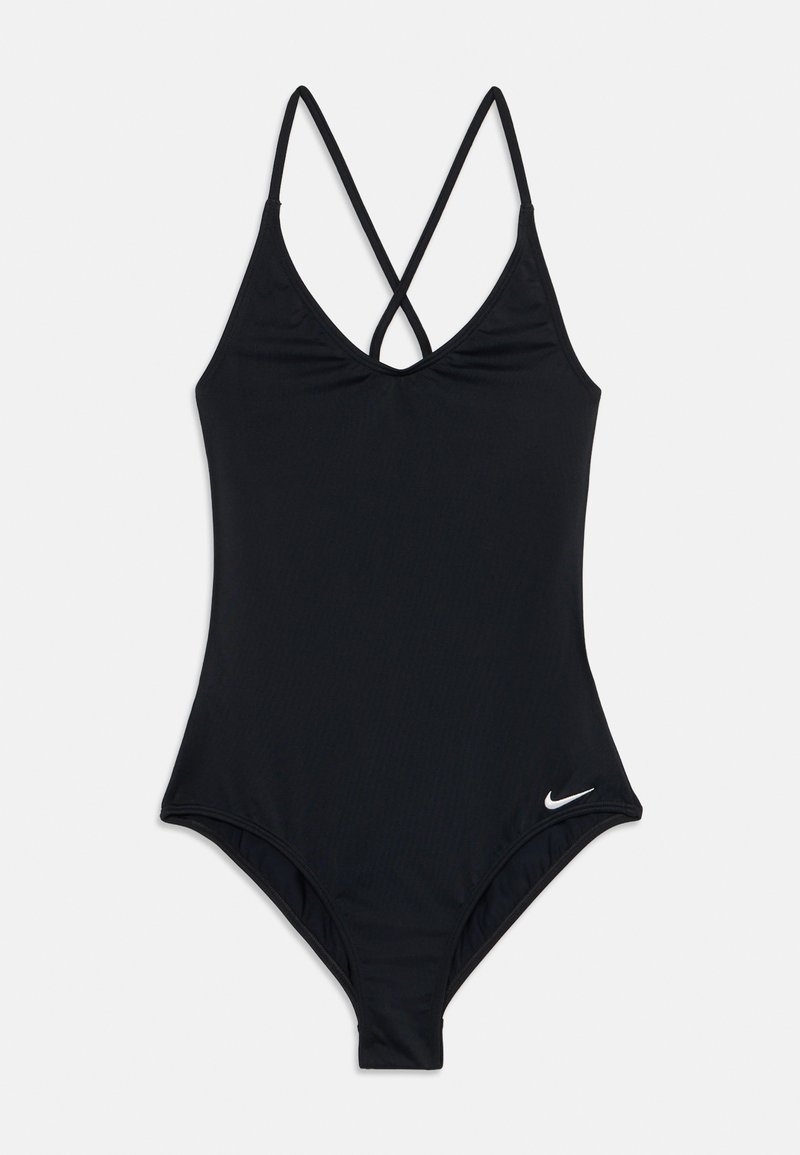 Fato de banho preto em uma peça, com textura canelada, decote em V e alças em X nas costas. Apresenta um pequeno logo branco no lado inferior esquerdo.