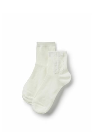 Paire de chaussettes blanches courtes avec un subtil détail en dentelle sur le côté, présentée sur un fond blanc uni.