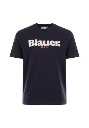 T-shirt a maniche corte blu navy con la scritta "Blauer." in bianco e "USA" in rosso stampati al centro davanti.