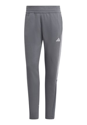 Grey athletic pants with elastic waist, side pockets, tapered legs, and white Adidas logo and stripes down each side.