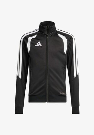 Veste de sport zippée noire en polyester avec des rayures blanches sur les épaules et les bras. Elle possède un col haut et des poignets élastiques.