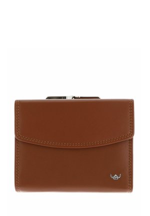 Brown leather wallet with stitched edges and a small metal logo on the bottom right, closed with a flap and metal clasp.