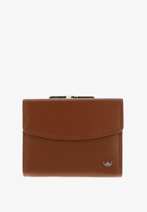 Brown leather wallet with stitched edges and a small metal logo on the bottom right, closed with a flap and metal clasp.