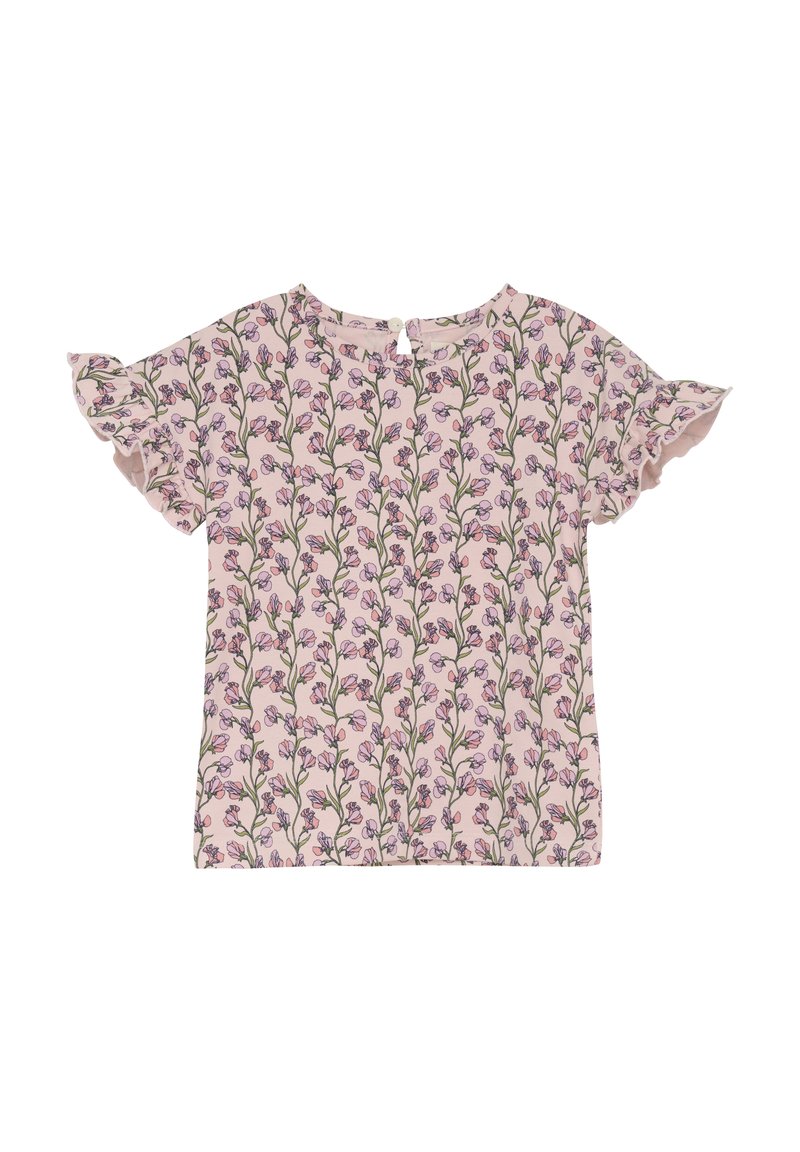 Blommig blus i ljusrosa med korta volangärmar. Har ett upprepande blommönster i lila och grönt. Knäppning bak.