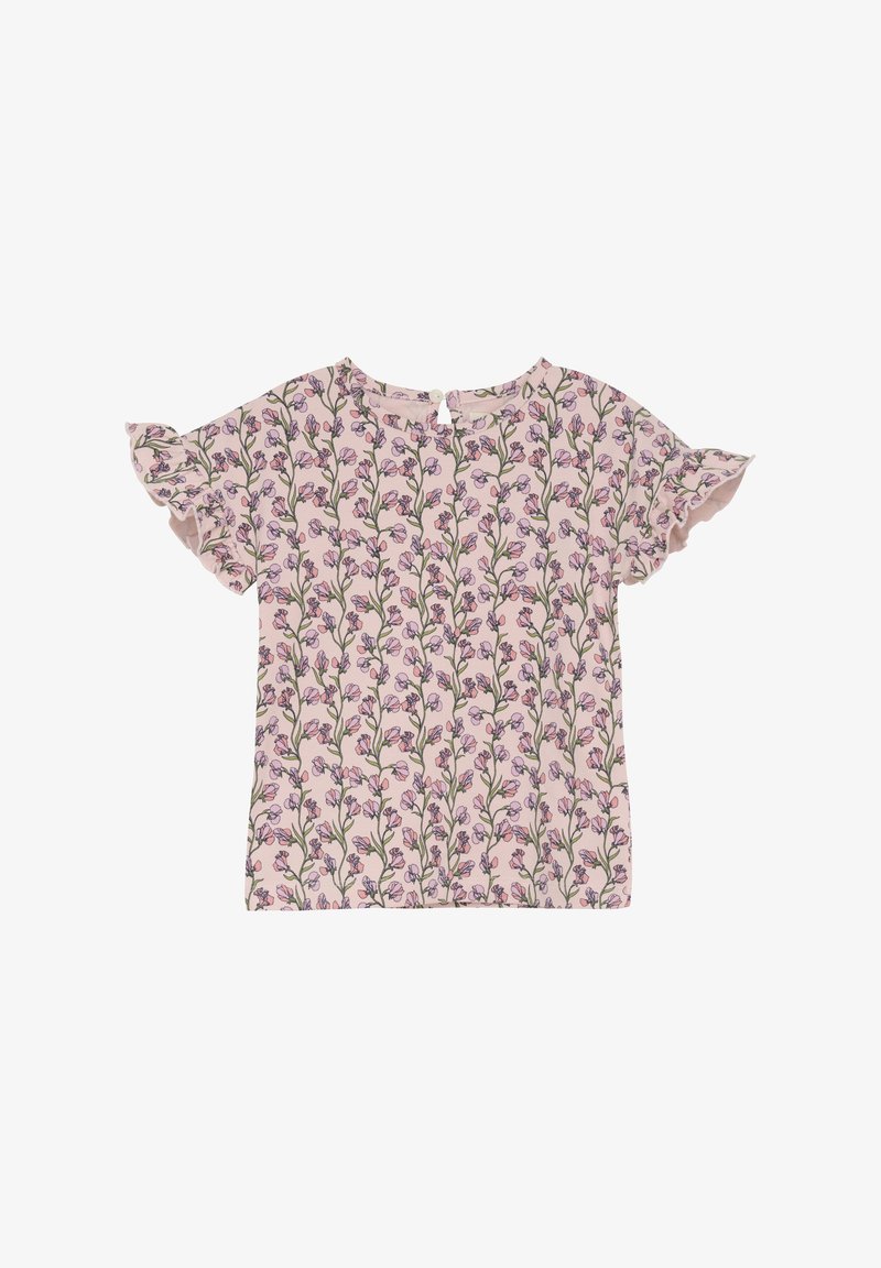 Blouse florale en rose clair avec des manches courtes à volants. Présente un motif floral répétitif en violet et en vert. Fermeture à boutons au dos.