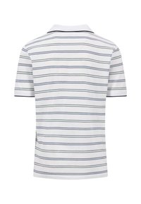 Hvit polo skjorte med marineblå og grønne striper, korte ermer og klassisk krage. Bomullsstoff med sidesplitter i kanten.