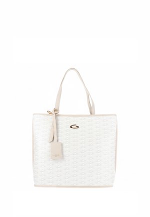 Borsa tote bianca con texture, manici beige, piccolo logo dorato e etichetta beige appesa, progettata per l'uso quotidiano.