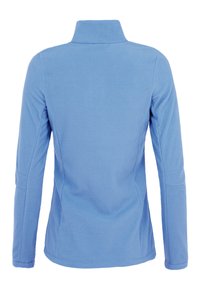 Giacca in pile azzurro chiaro con colletto alto, maniche lunghe e texture morbida. Presenta dettagli delle cuciture e una silhouette aderente.