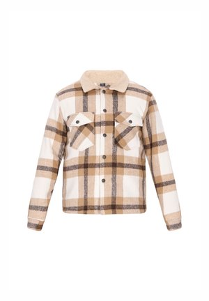 Beige, braun und weiß kariertes Jackett mit Druckknöpfen, zwei Vordertaschen mit Klappen und einem weichen Sherpa-Kragen.