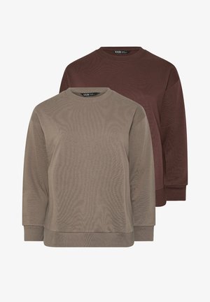 Two long-sleeve crewneck sweatshirts stacked, front sweatshirt in taupe, back sweatshirt in dark brown, both with ribbed cuffs and hems.