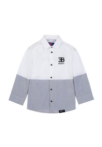 Camicia a maniche lunghe bianca e grigio chiaro con chiusura a bottoni, caratterizzata da un logo Bugatti nero e blocchi di colore a contrasto.