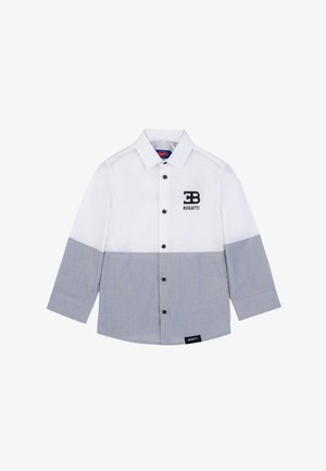 Camicia a maniche lunghe bianca e grigio chiaro con chiusura a bottoni, caratterizzata da un logo Bugatti nero e blocchi di colore a contrasto.