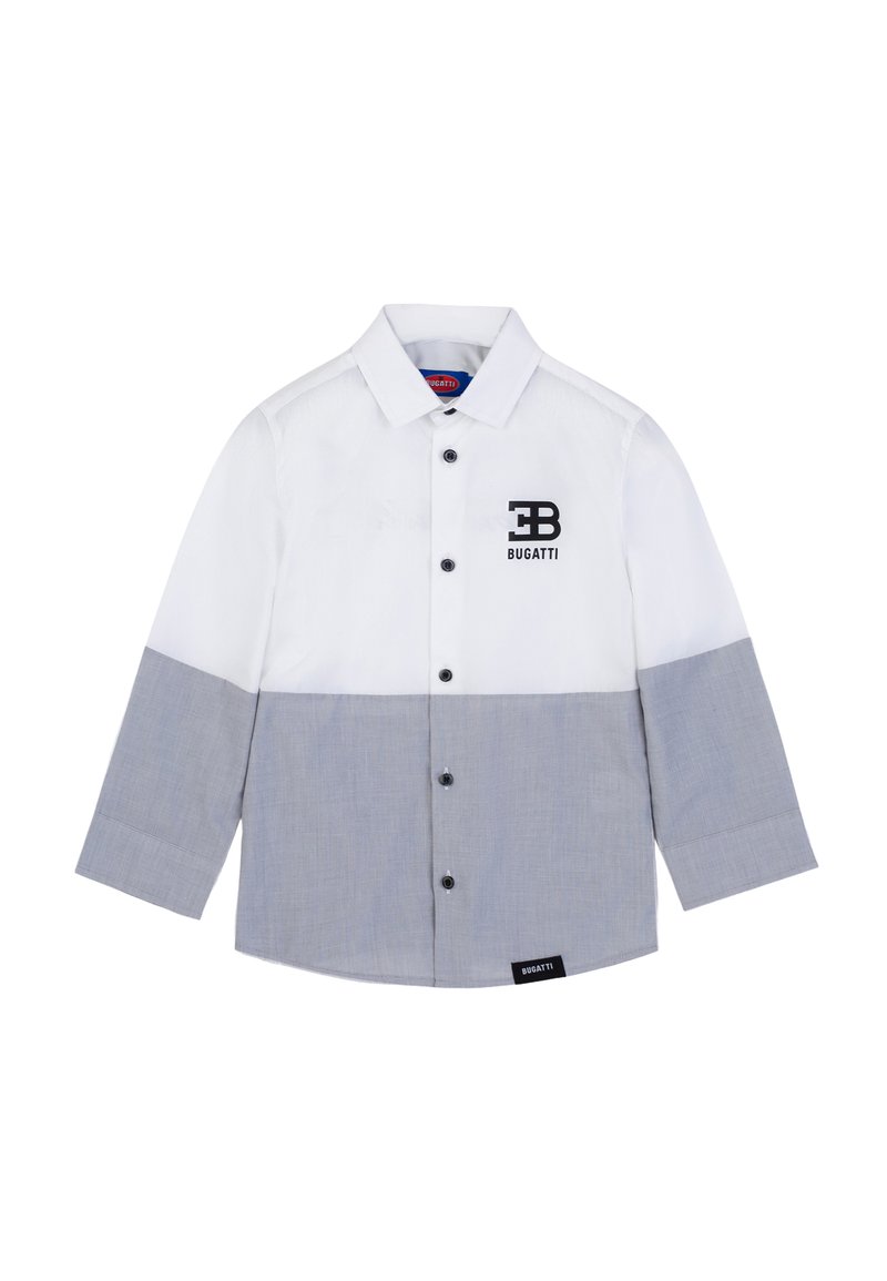 Camicia a maniche lunghe bianca e grigio chiaro con chiusura a bottoni, caratterizzata da un logo Bugatti nero e blocchi di colore a contrasto.