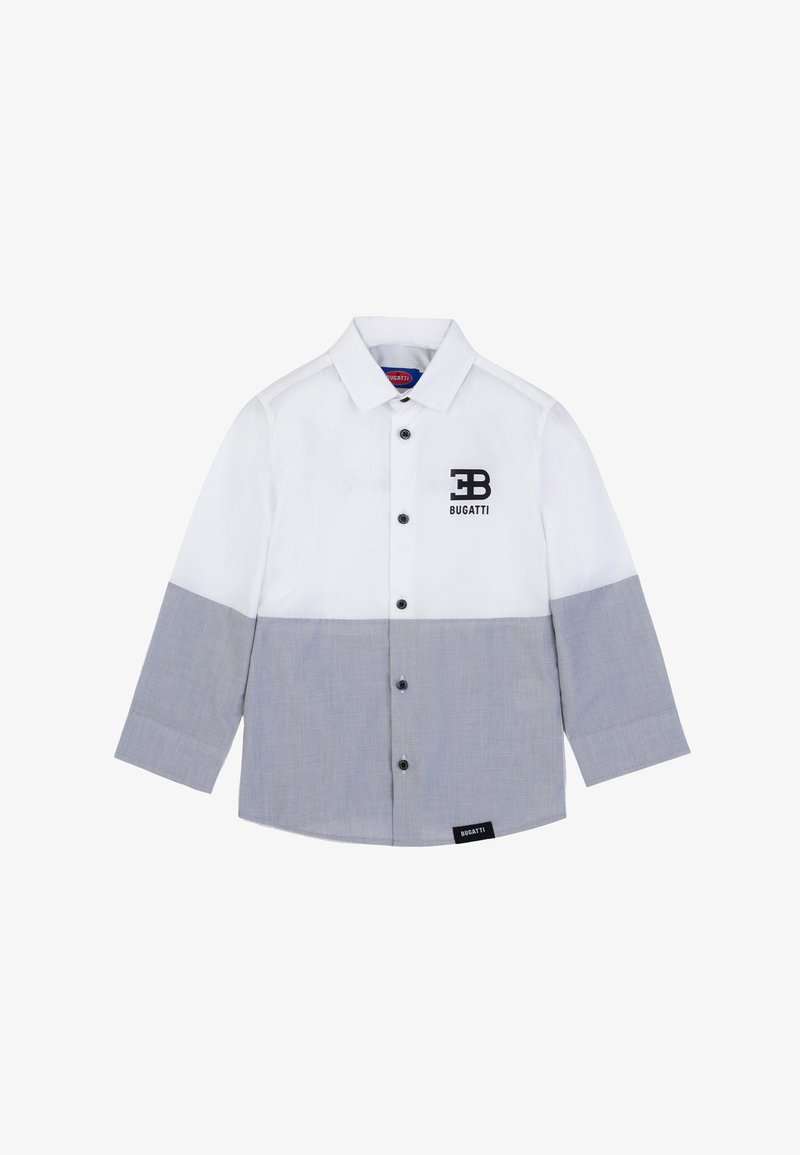 Weißes und hellgraues Langarmhemd mit Knopfleiste, ausgestattet mit einem schwarzen Bugatti-Logo und kontrastierenden Farbschlägen.