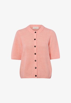 Cardigan a maniche corte, rosa chiaro, lavorato a maglia con scollo rotondo e sette bottoni neri sul davanti, mostrato su uno sfondo semplice.