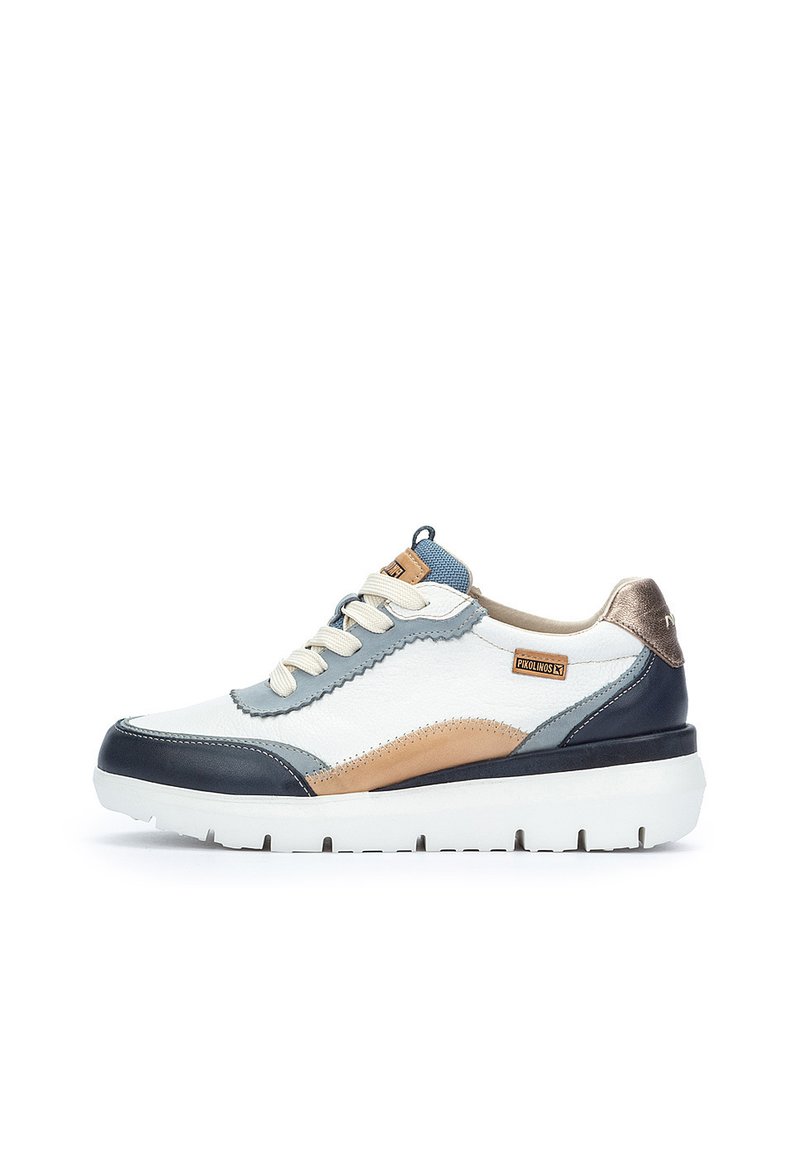 Zapatilla de cuero con una parte superior blanca, puntera y talón en azul marino, acentos en azul claro, panel lateral beige y una suela gruesa blanca.